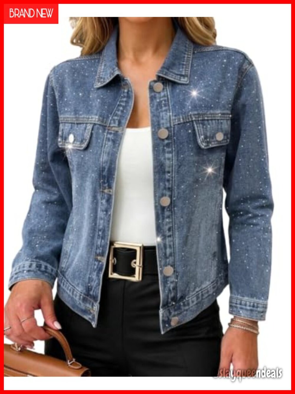 Womens Rhinestone Denim Jacket Cotton Blend Cropped Button Down Jean Coat